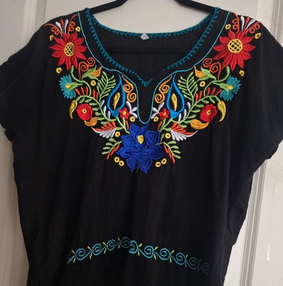 Embroidered Black Top with Multicolor Floral Design
